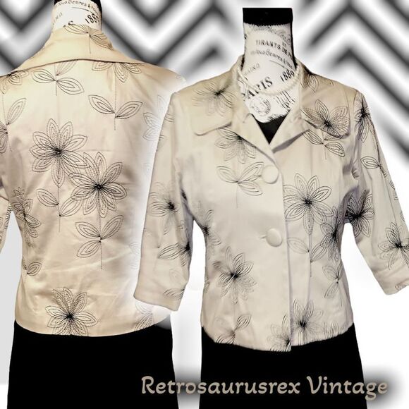 Vintage 1990’s Trenz Embroidered Tan & Black Daisy Blazer, Medium - Picture 1 of 5